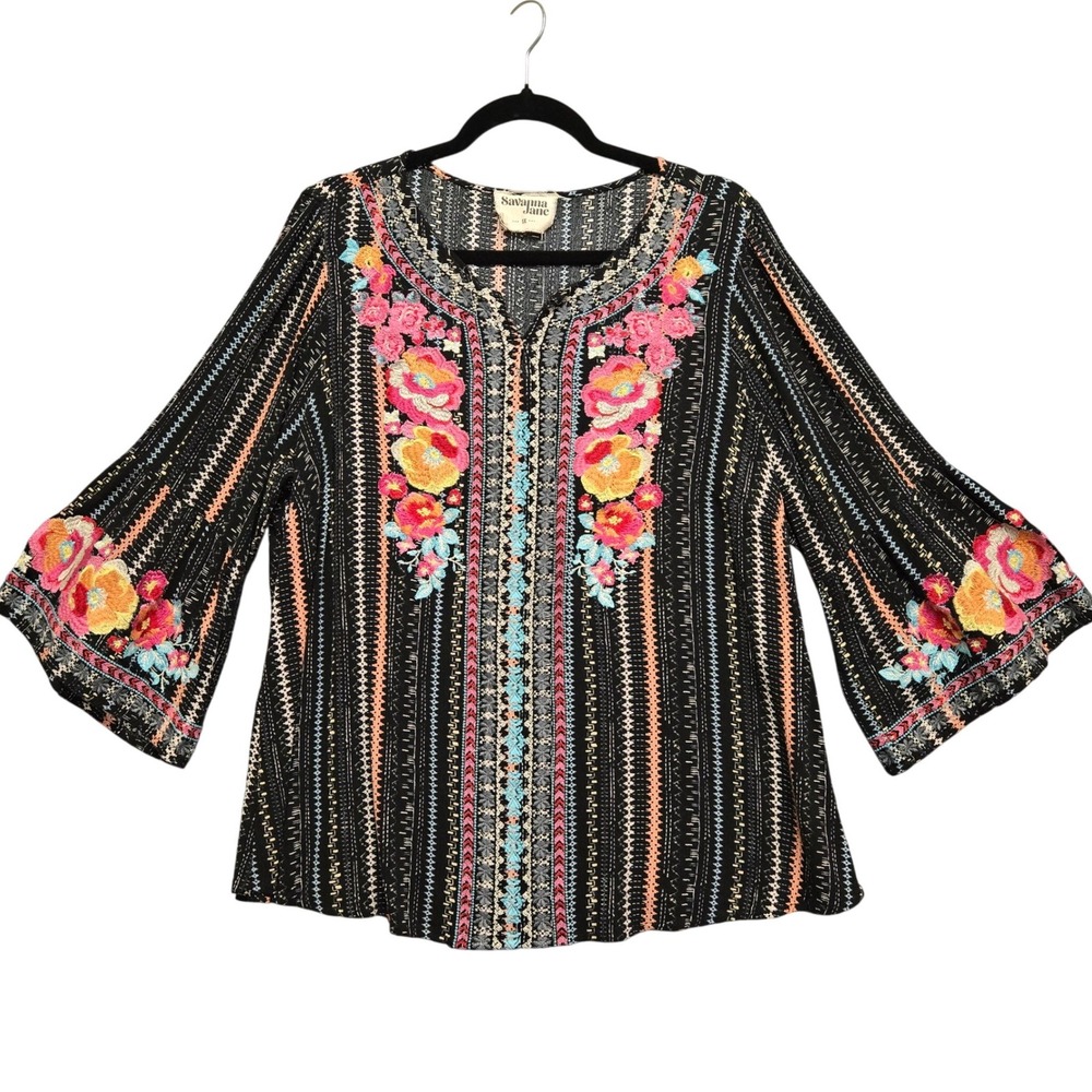 Savanna Jane Womens 1X Black Embroidered Floral Boho Bell Sleeve Top Blouse